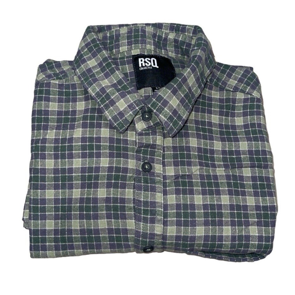 RSQ Flannel Button Up Shirt Mens L Green Purple Plaid Long Sleeve Casual Soft